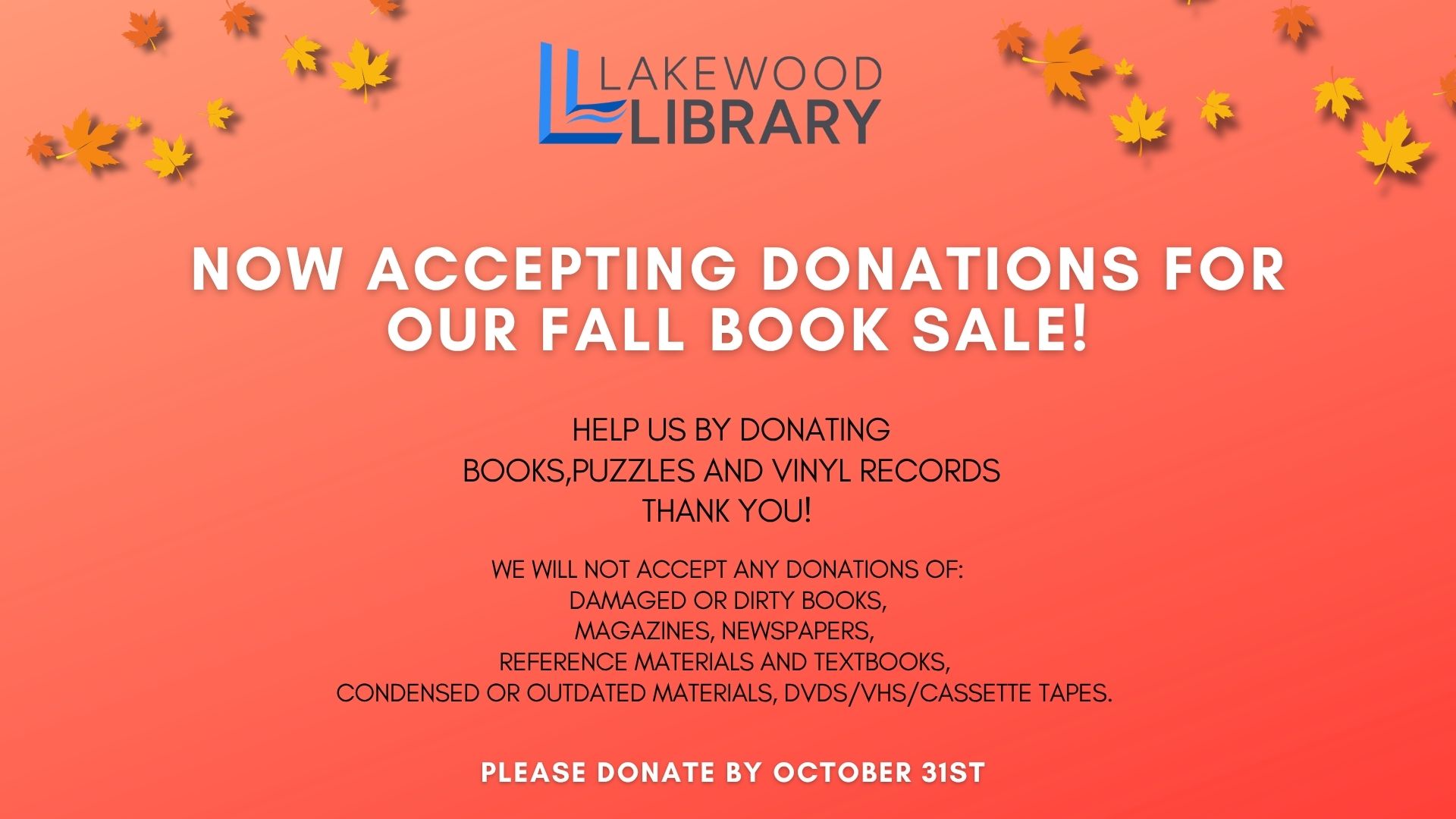 Now Accepting Fall Book Sale Donations